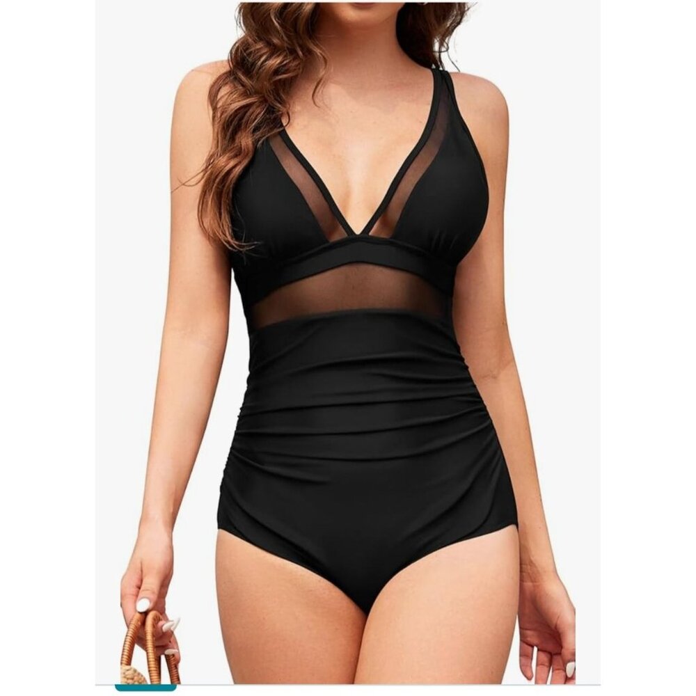 Womens XL Black Mesh V-Neck Tummy Control One-Piece Swimsuit Full-Coverage